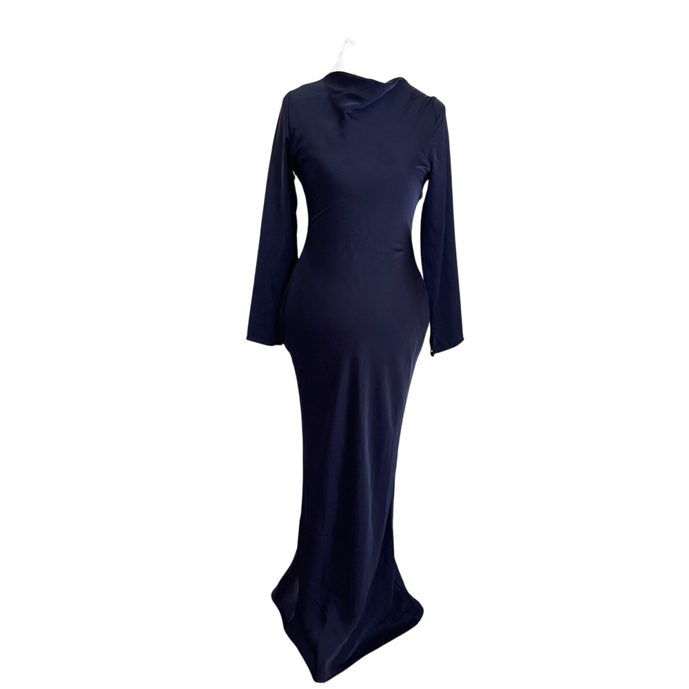 Veiled Collection Satin Modest Cowl Neck Maxi Dress XS Black Long Sleeve Formal